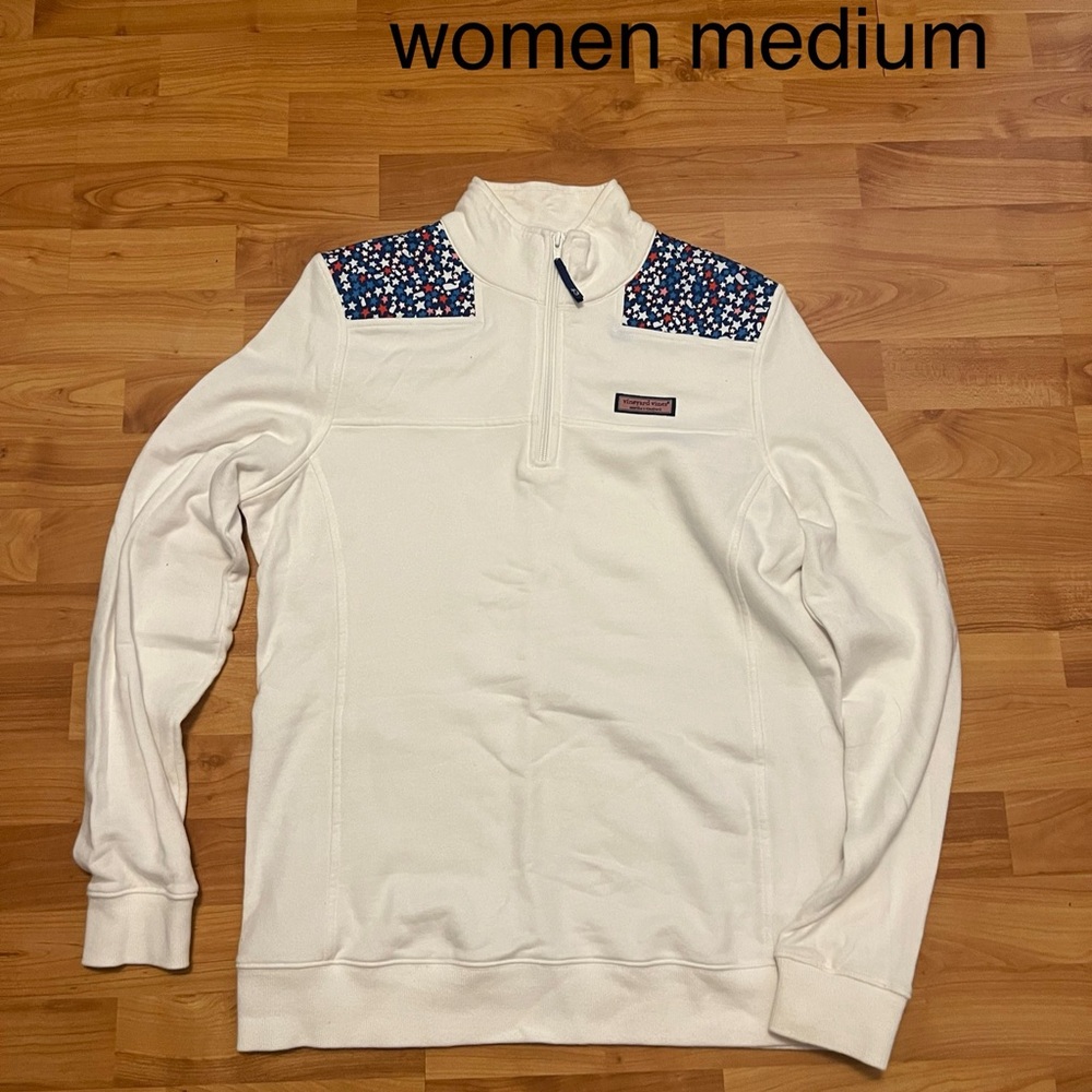 Women's Vineyard Vjnes Pullover with Red, white and blue patterned shoulders